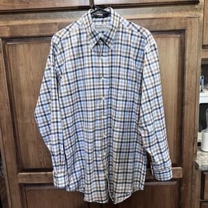 Onward Reserve Men's Button Down Shirt M Blue Brown Plaid Wrinkle-Free Cotton